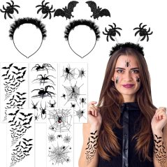 Halloween doplňky: čelenky, pavouci a tetování - 7 ks - Poškozená krabice