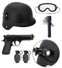 Doplňky ke kostýmu policie - (helma s taktickými brýlemi a baterkou, pistole, 2 granáty)